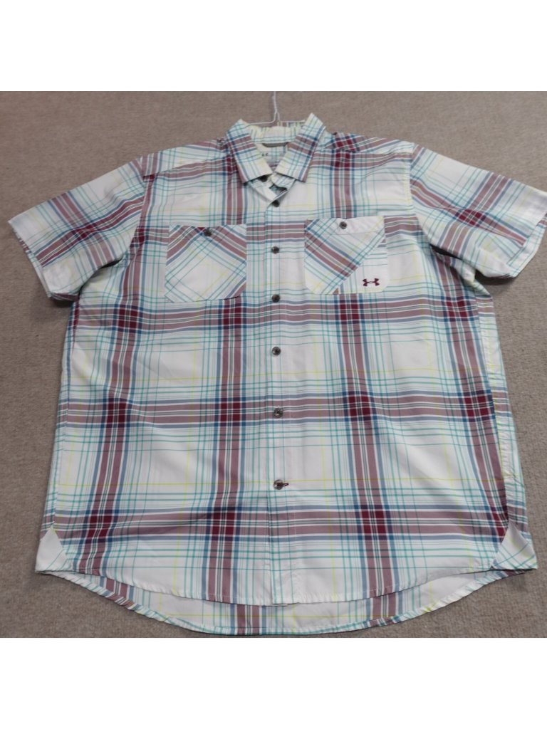 Under Armour Shirt Large White Blue Plaid Pockets Short Sleeve Performance Vents